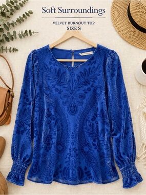 Soft Surroundings Burnout Velvet Blouse Size S Royal Blue Floral Velvet NWT